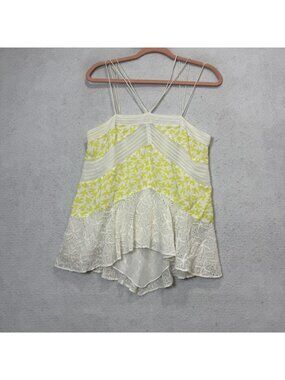 LeifNotes Tank Top Womens Small Yellow Floral Lace Eyelet Strappy Camisole